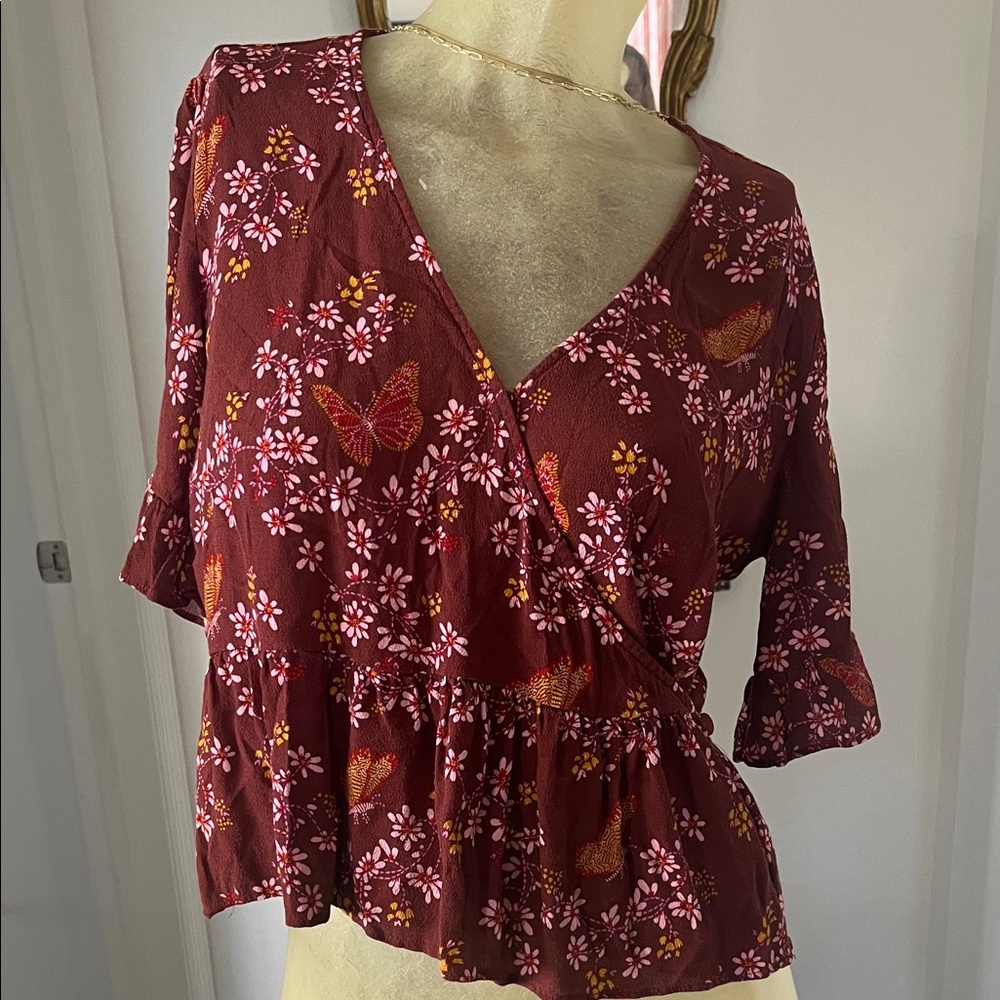 Madewell Burgundy Floral Wrap Blouse